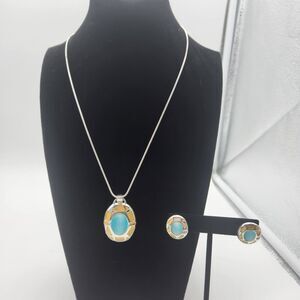 Vintage Art Deco Silver Tone Necklace And Earrings Tourquise Yellow